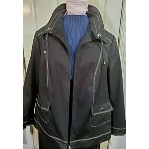 Sz 16W Blk Woven Zip Up Jacket White Top Stitch TAN JAY Flap‎ Pocket Big Collar